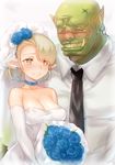  1girl bare_shoulders black_neckwear blonde_hair blue_flower blue_rose blush bouquet breasts bridal_veil bride choker cleavage closed_eyes collarbone collared_shirt couple dress earrings elbow_gloves elf eyebrows_visible_through_hair flower gloves grin groom hair_flower hair_ornament hetero holding holding_bouquet holding_flower husband_and_wife jewelry looking_at_viewer medium_breasts naso4 necktie nose_blush nose_piercing nose_ring orc original piercing pointy_ears rose shirt short_hair smile strapless strapless_dress stud_earrings teeth tusks upper_body veil wedding_dress white_dress white_gloves wing_collar yellow_eyes yellow_teeth 