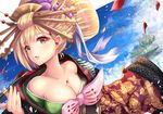  animal_print bangs bare_shoulders big_hair blonde_hair blue_sky breasts butterfly_print cleavage cloud collarbone day djeeta_(granblue_fantasy) eyebrows eyebrows_visible_through_hair eyeshadow floating_island floral_print geisha gizoku_(granblue_fantasy) granblue_fantasy hair_ornament hair_stick holding japanese_clothes kimono kiseru long_sleeves makeup medium_breasts off_shoulder oiran open_mouth petals pipe rose_print short_hair sky solo u_rin wide_sleeves yellow_eyes 