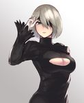  bangs black_dress blindfold breasts cleavage_cutout dress green_eyes highres large_breasts mole mole_under_mouth nier_(series) nier_automata puffy_sleeves short_hair silver_hair simple_background solo takinashi_(friend_coffee) upper_body yorha_no._2_type_b 