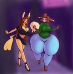  abstract_background anthro big_breasts breasts brown_fur brown_hair cleavage cleft_tail clothed clothing colored curly_q duo eyelashes female footwear fur furret hair hand_holding high_heels huge_breasts keijimatsu nintendo open_mouth pepper_(oogzie) pikachu pok&eacute;mon pok&eacute;morph smile sweater tan_fur thick_thighs video_games wide_hips 