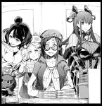  4girls abigail_williams_(fate/grand_order) bangs casual comiket doujinshi fate/grand_order fate_(series) glasses greyscale hat katsushika_hokusai_(fate/grand_order) long_hair monochrome multiple_girls murasaki_shikibu_(fate) octopus osakabe-hime_(fate/grand_order) parted_bangs pile_of_books puffy_sleeves sketch syatey two_side_up very_long_hair 