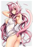  :&lt; ahoge animal_ears ass blush breasts cat_ears cat_tail character_name comomo_(tk) cowboy_shot hair_intakes large_breasts long_hair naked_shirt open_mouth original pink_eyes pink_hair see-through_silhouette shirt simple_background sleeveless solo tail takatsuki_ichi twisted_torso very_long_hair 