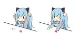  1girl :d amashiro_natsuki animal animal_ears arms_up bangs blue_eyes blue_hair blush bongo_cat cat cat_ears chibi closed_mouth commentary_request directional_arrow eyebrows_visible_through_hair grey_hoodie heart highres hood hood_down hoodie long_hair long_sleeves meme open_mouth original smile twitter_username two_side_up upper_body very_long_hair white_background 