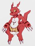  2_toes boxers_(clothing) clothed clothing digimon guilmon handpaw looking_up male open_mouth paws scalie semi-anthro sitting smile solo takato_matsuki toes topless underwear zaxstar 