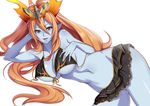  bangs blue_skin breasts hair_between_eyes hand_on_own_chest head_rest hera-ur_(p&amp;d) hera_(p&amp;d) horns long_hair looking_at_viewer lying medium_breasts navel on_side parted_lips pointy_ears puzzle_&amp;_dragons shiny shiny_skin sidelocks simple_background smile solo tiara zeroshiki_kouichi 