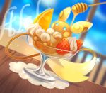  alolan_raichu cream food fruit highres honey honey_dipper in_food kikuyoshi_(tracco) no_humans orange pokemon pokemon_(creature) raichu strawberry 