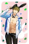  1boy brown_hair bunny_ears detached_collar detached_sleeves free! green_eyes male_focus muscle open_jacket open_mouth short_hair smile standing swim_trunks tachibana_makoto topless 