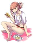  1girl artist_request bangs beer_can breasts can closed_mouth drunk eyebrows_visible_through_hair fate/grand_order fate_(series) front-tie_top full_body hair_ornament hairclip highres holding legs legs_crossed long_hair looking_at_viewer medb_(fate)_(all) medb_(fate/grand_order) medium_breasts midriff navel panties pink_hair pink_panties rider shirt short_shorts shorts sitting smile solo thighs tied_hair tied_shirt type-moon underwear white_background white_shirt yellow_eyes 