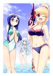  3girls aqua_hair banpresto bikini black_hair blonde_hair blue_hair breasts cleavage cloud coat collarbone earrings glacies glasses hat jacket jewelry long_hair multiple_girls navel ocean one-piece_swimsuit open_mouth ponytail purple_eyes red_eyes sandals sea sky smile sun_hat super_robot_wars super_robot_wars_original_generation swimsuit very_long_hair water water_gun white_bikini white_swimsuit wink yellow_eyes 