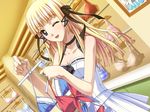  1girl blonde_hair blue_eyes bra clothes female game_cg hime_to_majin_to_koi_suru_tamashii_(game) indoors one_eye_closed open_mouth solo wink 