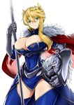  artoria_pendragon_(all) artoria_pendragon_(lancer) blonde_hair blue_eyes blue_legwear breasts bursting_breasts cape cleavage covered_navel fate/grand_order fate_(series) fur_trim gauntlets headwear_removed helmet helmet_removed highres holding holding_weapon kurobuchi_numama large_breasts long_hair looking_at_viewer md5_mismatch simple_background solo thighhighs weapon white_background 