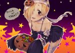  1girl azuse_neko bandage bandaged_arm bandaged_leg bandages bangs blonde_hair bow breasts brown_eyes candy dress ear_piercing earrings food hair_over_one_eye halloween halloween_basket idolmaster idolmaster_cinderella_girls jewelry looking_at_viewer no_bra open_mouth piercing pumpkin shirasaka_koume short_hair sleeves_past_fingers sleeves_past_wrists small_breasts smile solo thighhighs trick_or_treat 