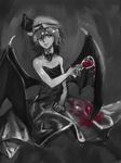  alcohol alternate_costume asuzemu bad_id bad_pixiv_id bangs bare_shoulders bat_wings choker cup dress drinking_glass hand_on_lap hat hat_ribbon looking_to_the_side mob_cap monochrome parted_lips reflective_eyes remilia_scarlet ribbon shiny shiny_hair short_hair sideways_glance solo spilling spot_color stained_clothes strapless strapless_dress touhou wine wine_glass wings 