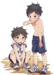  bad_id bad_pixiv_id black_hair blue_eyes gym_shirt gym_shorts gym_uniform hands_together keitomato male_focus multiple_boys original shirt shirtless shoes shorts simple_background sitting sneakers sweat t-shirt white_background wiping_face 
