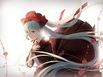  aiko_(kanl) aqua_eyes aqua_hair black_dress black_hat bonnet dress flower hands_on_own_chest hands_together hat hat_flower hatsune_miku light_smile long_hair microphone red_flower red_ribbon red_rose ribbon rose solo tears twintails very_long_hair vocaloid 