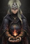  blonde_hair breasts cape capelet cloak dark_souls_iii dress fire fire_keeper highres jewelry lips long_hair marco_poon mask medium_breasts necklace smile solo souls_(from_software) 