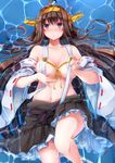  ahoge areola_slip areolae belly blush breasts brown_hair brown_skirt covering covering_breasts detached_sleeves double_bun fingers hands highres kantai_collection kongou_(kantai_collection) large_breasts long_hair looking_at_viewer lying navel nicoby nontraditional_miko palms partially_submerged pleated_skirt remodel_(kantai_collection) skirt solo stomach 
