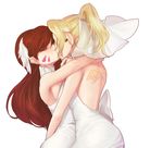  back backless_dress backless_outfit bangs bare_shoulders blonde_hair breasts brown_hair closed_eyes d.va_(overwatch) dress eyelashes facepaint facial_mark giji-p hands_on_another's_back highres hug kiss long_hair medium_breasts mercy_(overwatch) multiple_girls overwatch ponytail simple_background tattoo turtleneck whisker_markings white_background white_dress wife_and_wife yuri 