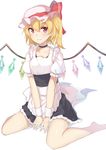  absurdres alternate_costume apron bad_id barefoot black_skirt blonde_hair blush choker closed_mouth collarbone commentary_request emushake enmaided flandre_scarlet frilled_skirt frills highres looking_at_viewer maid puffy_short_sleeves puffy_sleeves red_eyes short_sleeves simple_background sitting skirt smile solo touhou v_arms wariza white_background wings wrist_cuffs 