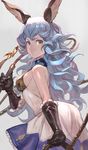  animal_ears arched_back arm_at_side backless_dress backless_outfit bare_shoulders black_gloves blue_hair blue_skirt breasts bunny_ears dress earrings erune ferry_(granblue_fantasy) from_behind gloves granblue_fantasy hair_between_eyes highres holding holding_weapon hoop_earrings jewelry lack long_hair looking_at_viewer medium_breasts serious sideboob single_earring skirt solo upper_body wavy_hair weapon whip yellow_eyes 