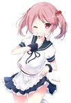  apron badge grin hair_bobbles hair_ornament highres kantai_collection kida_mochi one_eye_closed pink_eyes pink_hair remodel_(kantai_collection) sazanami_(kantai_collection) school_uniform serafuku short_hair skirt skirt_lift smile solo twintails wrist_cuffs 