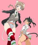  2girls :d adjusting_clothes adjusting_panties ahoge alternate_costume aqua_eyes ass blue_eyes bow bow_panties braid cat_tail fang francesca_lucchini frilled_legwear graphite_(medium) long_hair lynette_bishop multiple_girls necktie open_mouth panties simple_background single_braid smile strike_witches striped striped_legwear striped_panties tail traditional_media twintails umanosuke underwear world_witches_series 