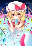  all_fours ascot blonde_hair blush bow crystal flandre_scarlet flat_chest flower food hat hat_bow highres miy@ mob_cap mouth_hold night popsicle red_eyes rose solo touhou wading wading_pool wings 