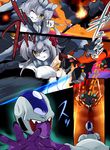  aircraft airplane black_gloves cannon cape comic commentary_request cooler_(dragon_ball) crossover dragon_ball dragon_ball_z enemy_aircraft_(kantai_collection) fire gloves headgear highres kantai_collection multiple_girls non-human_admiral_(kantai_collection) northern_ocean_hime orange_eyes parody shinkaisei-kan splashing sweat tonchinkan turret water wo-class_aircraft_carrier 