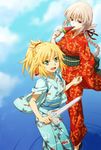  animal_print blonde_hair braid cloud crown_braid day eating excalibur fate/apocrypha fate/grand_order fate_(series) fish_print florence_nightingale_(fate/grand_order) food fruit goldfish_print green_eyes grey_hair hair_ribbon holding holding_hands japanese_clothes kimono long_hair looking_at_viewer mordred_(fate) mordred_(fate)_(all) multiple_girls obi oiun open_mouth patterned ponytail red_eyes red_ribbon ribbon ripples sash sky sleeves_rolled_up smile standing standing_on_liquid tasuki toy toy_sword water watermelon wide_sleeves yukata 