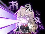  alcohol beam bottle capelet chibi commentary_request curly_hair godzilla_(series) hat kantai_collection long_hair looking_at_viewer mini_hat parody pleated_skirt pola_(kantai_collection) sake sake_bottle shin_godzilla silver_hair skirt solo tk8d32 translation_request 