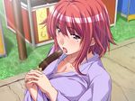  1girl banana chocolate fruit game_cg hime_to_majin_to_koi_suru_tamashii_(game) long_hair purple_eyes red_hair solo sweets 