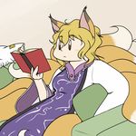  animal_ears banned_artist blonde_hair book comic flat_color fox_ears fox_tail lowres multiple_tails open_eyes reading robin_(unlimited_world) solo tail touhou yakumo_ran 
