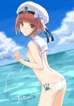  3: arm_at_side artist_name ass bikini black_ribbon blurry breasts brown_eyes brown_hair butt_crack cloud cloudy_sky cowboy_shot day depth_of_field embarrassed from_side hand_on_own_chest hat kantai_collection kotanu_(kotanukiya) lips looking_at_viewer ocean outdoors ribbon sailor_bikini sailor_collar sailor_hat short_hair signature sky small_breasts solo swimsuit thighs untied untied_bikini white_bikini white_hat z3_max_schultz_(kantai_collection) 