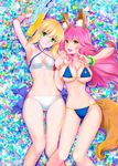  animal_ears armpits arms_up artoria_pendragon_(all) artoria_pendragon_(swimsuit_archer) bikini blonde_hair blue_bikini breasts cleavage collarbone criss-cross_halter fate/grand_order fate/stay_night fate_(series) fox_ears fox_tail gift_card green_eyes hair_between_eyes halter_top halterneck holding_hands interlocked_fingers large_breasts long_hair looking_at_viewer lying medium_breasts micro_bikini multiple_girls navel on_back parted_lips saber shirotsumekusa side-tie_bikini sideboob stomach swimsuit tail tamamo_(fate)_(all) tamamo_no_mae_(fate) tamamo_no_mae_(swimsuit_lancer)_(fate) thighs underboob water_gun white_bikini yellow_eyes 