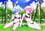  bikini blue_eyes blue_hair bush column frills glass hair_over_one_eye highleg highleg_bikini highleg_swimsuit kurimuzon multiple_girls pillar pink_eyes pink_hair plant ram_(re:zero) re:zero_kara_hajimeru_isekai_seikatsu rem_(re:zero) short_hair siblings sisters swimsuit twins vines 