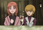  2girls cherry gacha-m green_eyes gundam gundam_unicorn heart ice_cream long_hair marida_cruz mineva_lao_zabi multiple_girls orange_hair purple_eyes short_hair sundae 