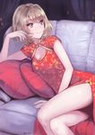  arm_support blue_eyes brown_hair china_dress chinese_clothes cleavage_cutout couch crossed_legs cushion dress green_eyes heterochromia idolmaster idolmaster_cinderella_girls looking_away meto31 mole mole_under_eye short_hair side_slit smile solo takagaki_kaede 