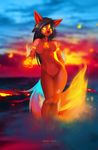 2015 aboywithscales anthro areola bare_shoulders black_hair breasts canine detailed_background featureless_breasts featureless_crotch female fire fox fur hair hi_res inner_ear_fluff mammal midriff navel nude red_fur solo standing wide_hips yellow_eyes 