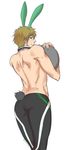  1boy brown_hair bunny_ears bunny_tail detached_collar free! from_behind looking_at_viewer male_focus short_hair simple_background smile swim_trunks tachibana_makoto topless white_background 