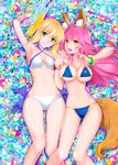  animal_ears apple_inc. armpits arms_up artoria_pendragon_(all) artoria_pendragon_(swimsuit_archer) bikini blonde_hair blue_bikini blue_eyes breasts cleavage collarbone criss-cross_halter fate/grand_order fate/stay_night fate_(series) fox_ears fox_tail gift_card green_eyes hair_between_eyes halter_top halterneck holding_hands interlocked_fingers large_breasts long_hair looking_at_viewer lying medium_breasts micro_bikini multiple_girls navel on_back parted_lips saber shirotsumekusa side-tie_bikini sideboob stomach swimsuit tail tamamo_(fate)_(all) tamamo_no_mae_(fate) tamamo_no_mae_(swimsuit_lancer)_(fate) thighs underboob water_gun white_bikini yellow_eyes 