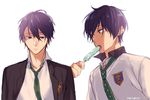  1boy black_hair blue_eyes feeding free! gesshi ice_cream looking_at_viewer male_focus nanase_haruka_(free!) necktie school_uniform short_hair tongue white_background 