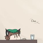  :3 animal_ears animated animated_gif banned_artist brown_hair cat_ears chen comic cup drinking_glass english fidgeting flat_color hat jewelry lowres mob_cap robin_(unlimited_world) shaking single_earring solo table touhou trembling 