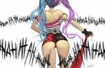  ass back baseball_bat belt blue_hair commentary crying dc_comics ear_piercing from_behind harley_quinn hector_enrique_sevilla_lujan highres laughing long_hair multicolored_hair off_shoulder piercing purple_hair short_shorts shorts solo suicide_squad tank_top tears twintails two-tone_hair 