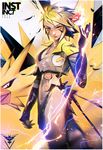  blonde_hair breasts electricity facial_mark gen_1_pokemon jewelry lips medium_breasts necklace nose personification poke_ball pokemon pokemon_go ross_tran short_hair solo spiked_hair team_instinct yellow_eyes zapdos 