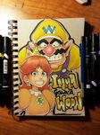  1girl blue_eyes brown_hair catchphrase crown earrings english facial_hair grin hat highres jewelry long_hair looking_at_viewer mario_(series) mario_party mustache omar_dogan overalls photo pointy_ears princess_daisy sketchbook smile super_mario_bros. traditional_media wario 