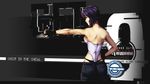  absurdres black_hair eru-sennin fingerless_gloves from_behind ghost_in_the_shell ghost_in_the_shell_stand_alone_complex gloves gun highleg highleg_panties highres kusanagi_motoko laughing_man leotard panties pants short_hair solo underwear weapon 