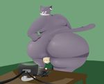  2016 absurd_res anthro belly big_belly big_butt butt cat computer digital_media_(artwork) duo feline fur grey_fur hi_res human log_horizon looking_back low-angle_view male male/male mammal nude nyanta obese overweight overweight_male size_difference sleepyras slightly_chubby 