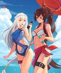  :d anchor bangs bikini blue_sky bottle brown_eyes brown_hair casual_one-piece_swimsuit cloud coca-cola crossover day garters hair_intakes head_wreath headgear highres holding holding_bottle kantai_collection lifebuoy long_hair looking_at_another looking_at_viewer low-tied_long_hair missouri_(pacific) multiple_girls nail_polish navel navel_cutout one-piece_swimsuit open_mouth oriental_umbrella outdoors pacific ponytail purple_eyes ramune red_eyes sarong scrunchie signature sima_naoteng sky smile soda_bottle sunlight swimsuit thigh_strap umbrella very_long_hair white_hair yamato_(kantai_collection) 