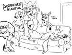  aardwolf anneke_(weaver) anthro armpits barefoot betty_(weaver) canine caprine clothed clothing derp_eyes dialogue digitigrade disney english_text ermine fan_character female group hooves hyena laugh lifting lying male mammal marty_(weaver) monochrome mustelid nobody_(artist) remmy_cormo sheep sofa sound_effects surprise text wolf zootopia 