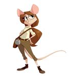  anthro breasts brown_hair buckteeth canteen clothed clothing explorer eyewear female fully_clothed glasses hair long_hair mammal mouse ponytail redvelvetbat rodent smile solo teeth 